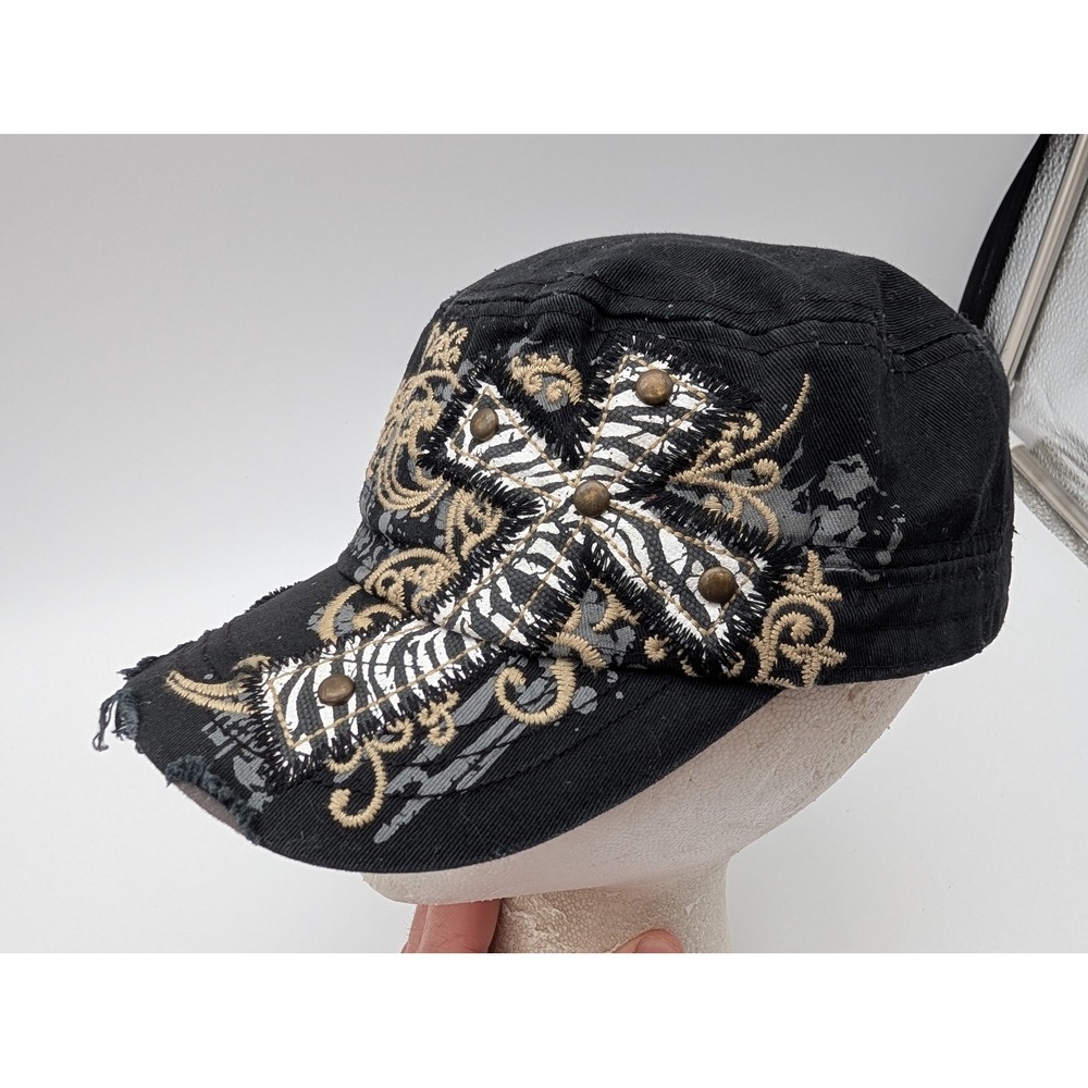 KBETHOS Black Distressed Cadet Hat Zebra Cross Studded Military Cap Adjustable